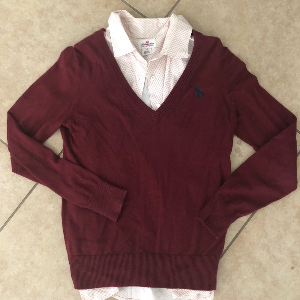 Jcrew Checkered Button Down W/A&F Maroon Sweater - image 1